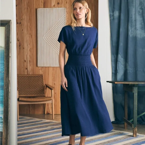 FAHERTY Coast To Coast Midi Dress in Navy - Excellent Pre-Owned Condition, Large - Picture 1 of 16